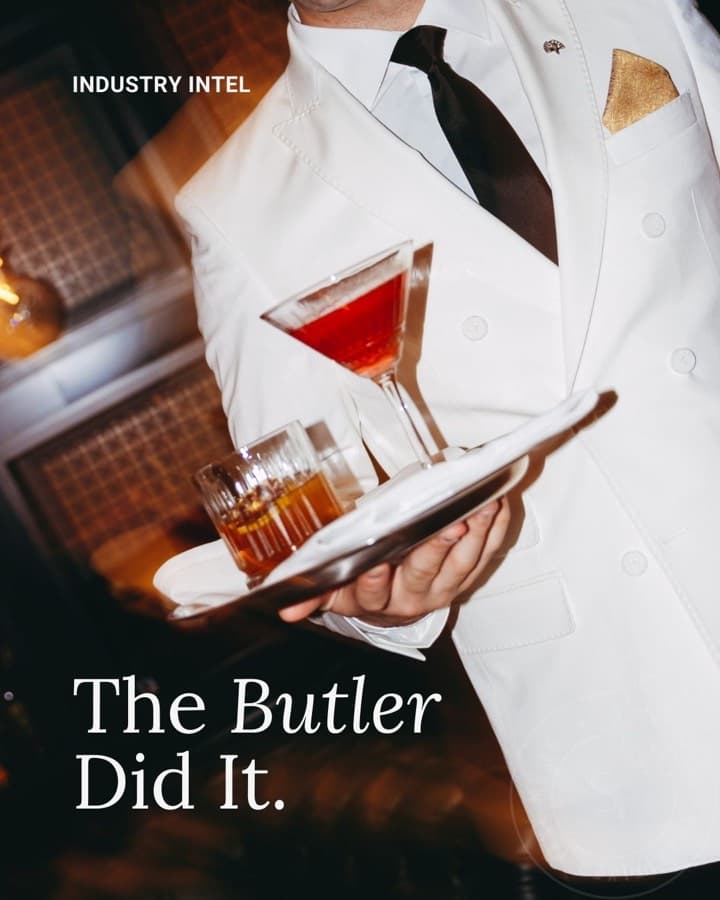 The Butler Did It: a butler carrying a cocktail on a tray