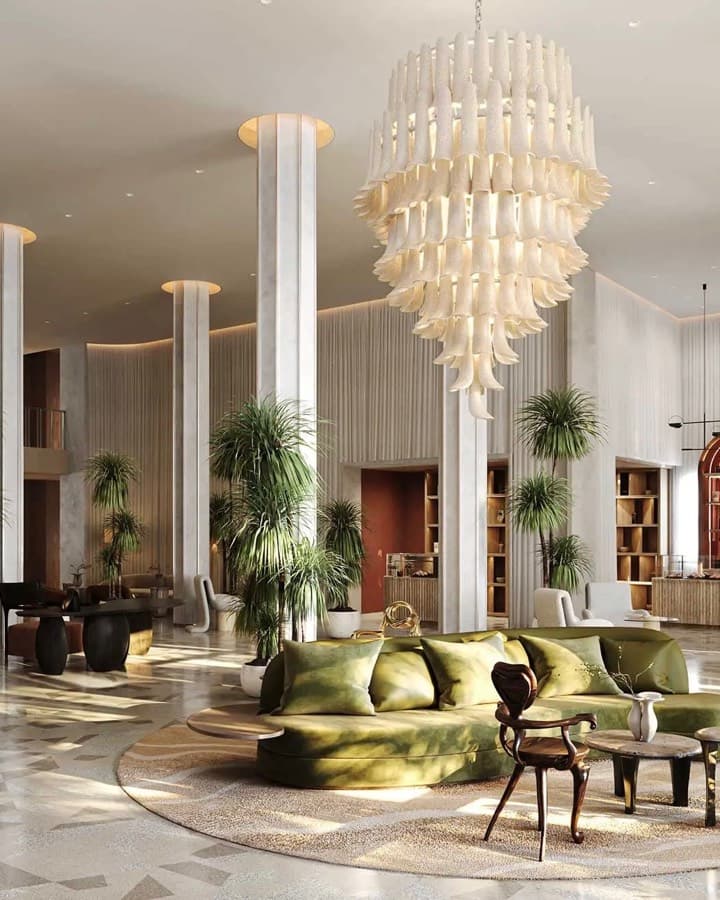A hotel lobby with a large chandelier